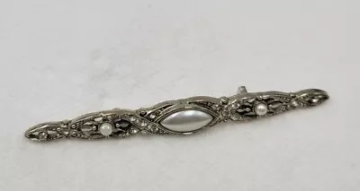 Vintage Silver Tone Bar Brooch Pin With Faux Pearls And Clear Stones • $14.36