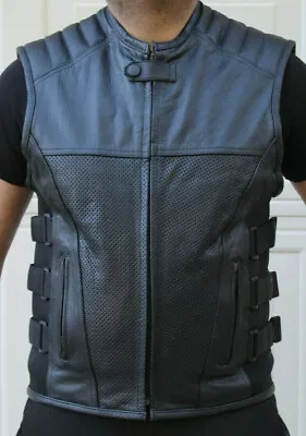 Swat Style Perforated Leather Vest Men Motorcycle Biker Tactical Concealed Carry • $59.99