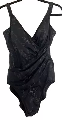 NWT Miraclesuit 1 Piece Swimsuit Surplice Neck Ruched Bodice In Black/Silver 18 • $74.95