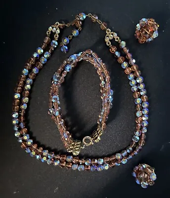 Vintage Jewelry - Aurora Borealis Glass Beads-Necklace-Bracelet-Earrings Set • $15