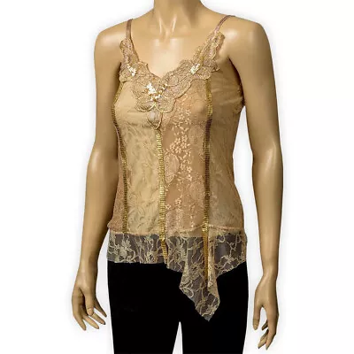 £7.99 • Buy Womens Ladies Sequins Floral Cami Gold Thin Straps Party Lined Lace Vest Top