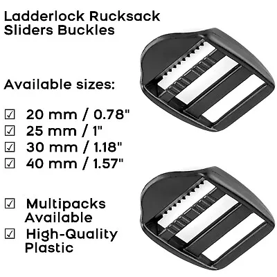 Ladderlock Rucksack Sliders Buckles Webbing Strap Black Delrin Plastic • £2.49