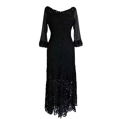 Vintage 90s Womens Dress Black Battenburg Lace Low Back Witchcore Morticia Goth • $73.50