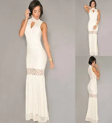 Sz 10 12 White Lace Sleeveless Sexy Wedding Cocktail Gown Party Maxi Long Dress • $46.39