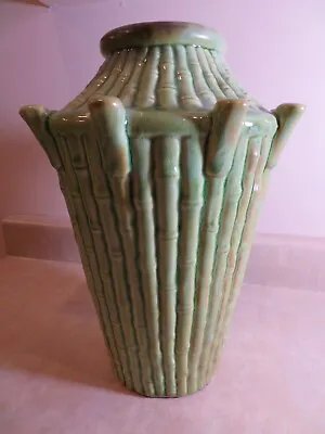 Vintage Old Majolica Bamboo Vessel Green Tall Vase 12.5  • $75