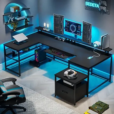 77.2  U Shaped Computer Desk With File Drawer Home Office Desk Gaming Desk Black • $239.89