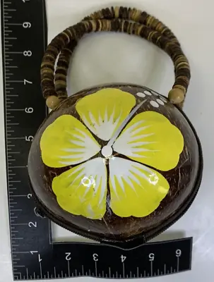$19.99 • Buy Hawaiian Real Coconut Shell Purse/Bag Puka Shell Yellow Flower Zipper Closure