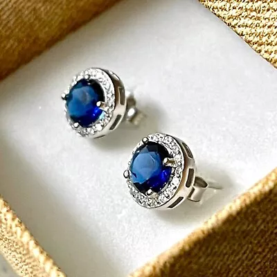 Blue Sapphire Lab-created Stud Earrings Sterling Silver 925 Stud Earrings Topaz • $16.18