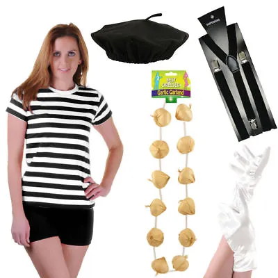Ladies French Mime Artist Circus Fancy Dress T-shirt Beret Braces Gloves Costume • £4.99