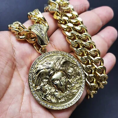 Gold Plated Medusa Cubic Zirconia Pendant & 10mm Cuban Chain Hip Hop Necklace • $14.99
