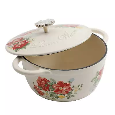 Vintage Floral Enameled Cast Iron 3-Quart Dutch Oven • $39.97