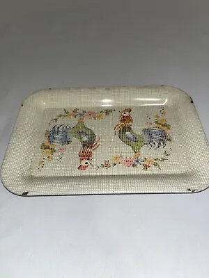 Enamel Painted Metal Serving Tray Roosters 4.5 X 6.5 Inches Rustic Vintage • $9