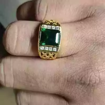 Emerald Cut Lab Created Green Emerald Men Wedding Ring 14K Yellow Gold Plated • $185.99