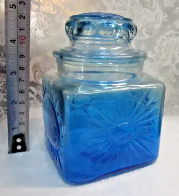 Vintage BLUE Fade Embossed STARBURST GLASS CANISTER Apothecary Candy JAR LID MCM • $23