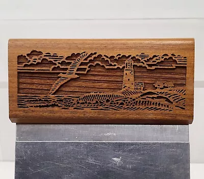 LIGHTHOUSE SEASCAPE Lasercraft Note Pad Holder Walnut Desk Top Vintage 70s 80s • $18.99