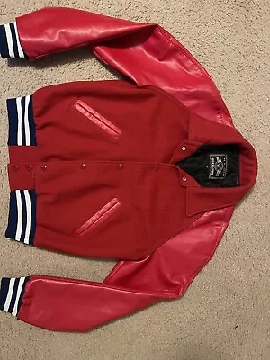 Vintage Holloway Varsity Jacket Mens Red Button Front Original Leather Wool XS • $35.99