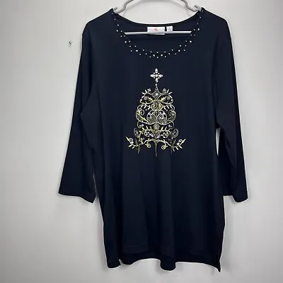 Quacker Factory Embroidered Beaded Rhinestone Christmas Tree Knit Top 1X • $29.99