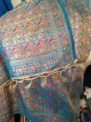 Assam  Antique Vintage India Silk Brocade Gold Thread Turquoise Scarf Shawl • $120
