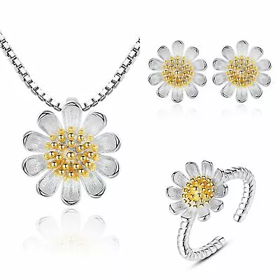 Women Sun Flower Pendant Necklace Stud Earrings Ring 925 Sterling Silver • £3.35
