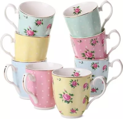 Coffee Mugs 12 Oz Set Of 8 Floral Mugs Porcelain Bone China Tea Mug • $35.99
