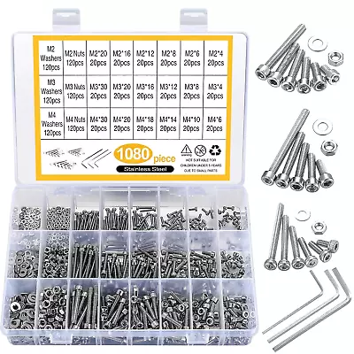 1080Pcs Screws Bolts And Nuts And Washers Assortment Set Metric M4 M3 M2 Stainl • $18.38