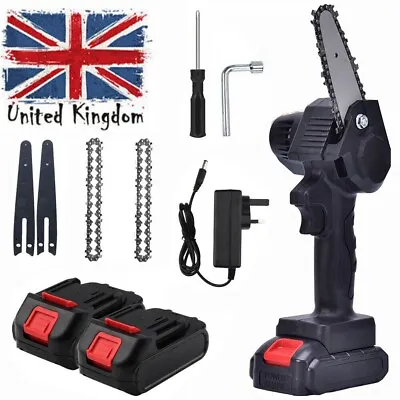 2 Batteries Cordless Chainsaw 4Inch Electric One-Hand Saw Powerful Wood Cutter • £19.99