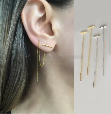 Sterling Silver Gold Long Drop Dangle Chain Bar Ear Threader Fashion Earrings • £4.99