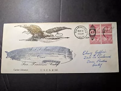 1934 USA Airmail USS Macon Zeppelin Airship Cover San Francisco To San Pedro CA • $250