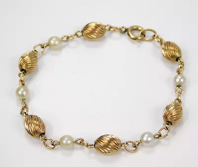 Vintage 12k Yellow Gold Filled Real Pearl Ribbed Swirl Beads Bracelet 7  Long • $29.99