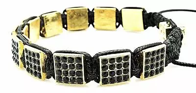 Mens Womens Gold Black Rhinestone Pave Square Bead Cuff Bracelet Adjustable  • $16