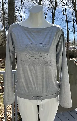 Chanel Silver Gray Logo Top Shirt 34 Drawstring Long Sleeve New Vintage Boatneck • $399.99