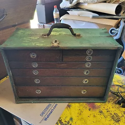 Antique Wood Machinist Chest Tool Box 7 Apothecary Drawer Organizer Old Art Case • $180