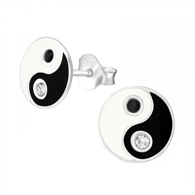 Yin Yang 925 Sterling Silver Crystal Stud Earrings Pair Of Ear Studs Gift Boxed • £6.65