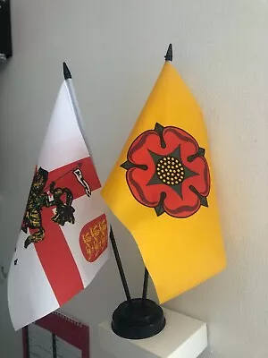 ST GEORGE CHARGER AND LANCASHIRE (NEW) TABLE FLAG TWIN SET 9X6  22.5cm X 15cm • £6.99