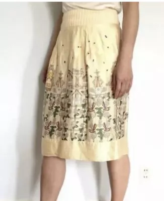 MANOUSH Bird House Silk Skirt Size UK Size 12 Beige Print • £75