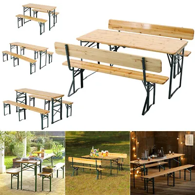 Folding Garden Table And 2 Bench Set Picnic BBQ Pub Party Trestle Table & Chairs • £62.95