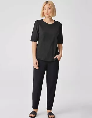 EILEEN FISHER Blouse Womans Medium Black System Organic Cotton Slub Elbow Sleeve • $26