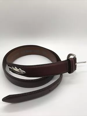 LL Bean Brown Leather Belt Size 38 Made USA Silver Metal Fish Trout Emblem • $15.99