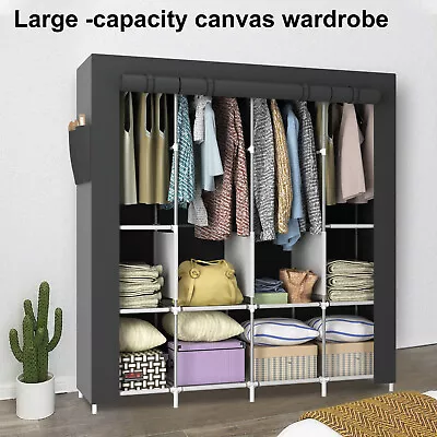 LOEFME Large Canvas Fabric Wardrobe Clothes Shelving With Hanging Rail Cupboard • £18.49