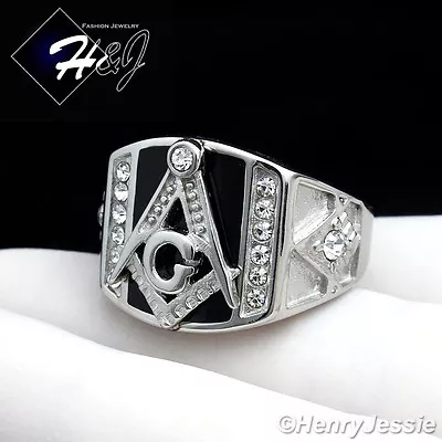 MEN Stainless Steel Silver/Black Plated MASONIC Cubic Zirconia Ring Size 8-13*94 • $16.99