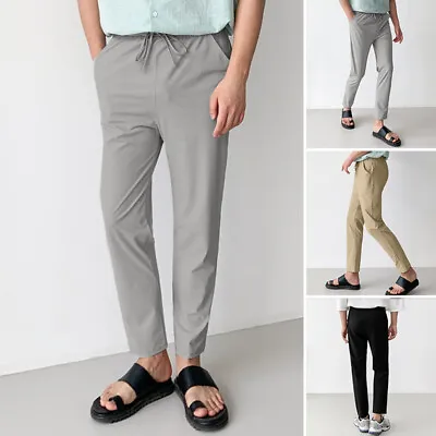 Men's Elastic Waist Trousers Holiday Vintage Drawstring Long Pants Solid Slacks • $21.35