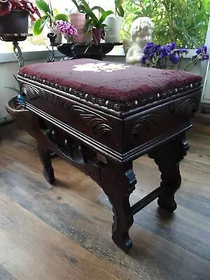Antique VICTORIAN NEEDLEPOINT BENCH Carved Wood W/storage Piano Vanity Sewing • $165