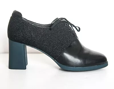 CAMPER Kara Wiper Shoes / Heels UK5 EU38 Black / Blue Lace Up Block Heel • £50