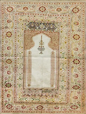 Antique Turkish Silk Kayseri Prayer Rug #16982 4'9  X 6'1  • $1450