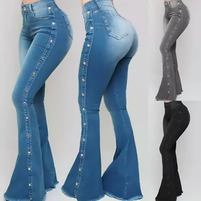 Ladies Elastic Denim Pants High Waist Ripped Jeans Women Casual Wide Leg Trouser • £31.25