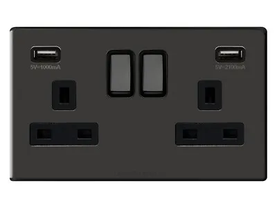 £13.99 • Buy Double Wall Plug Socket 2 Gang 13A With 2 USB Ports Screwless Slim Flat Plate 