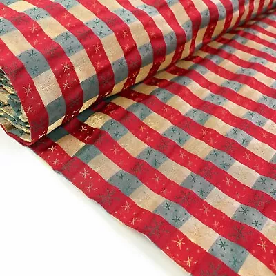 Jacquard Taffeta Fabric - Red Green Gold - Check - Metallic - Dress Fabric • £6.95