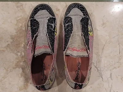 Women’s Don Ed Hardy Designs Canvas Sneakers Shoes Pink Silver Black. Birds Sz 9 • $39