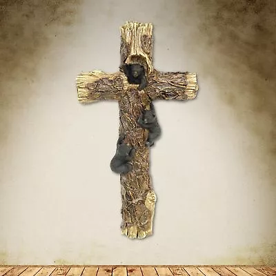 Rustic Log Cabin Decorative Black Bear Decor Wall Hagning Cross Religious Art • $21.50