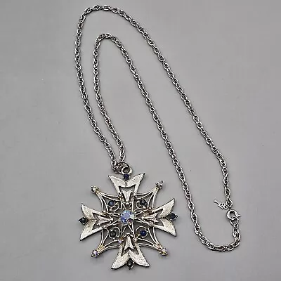 Trifari Maltese Cross Necklace Silver Tone Statement Pendant AB Rhinestone 24  • $24.99